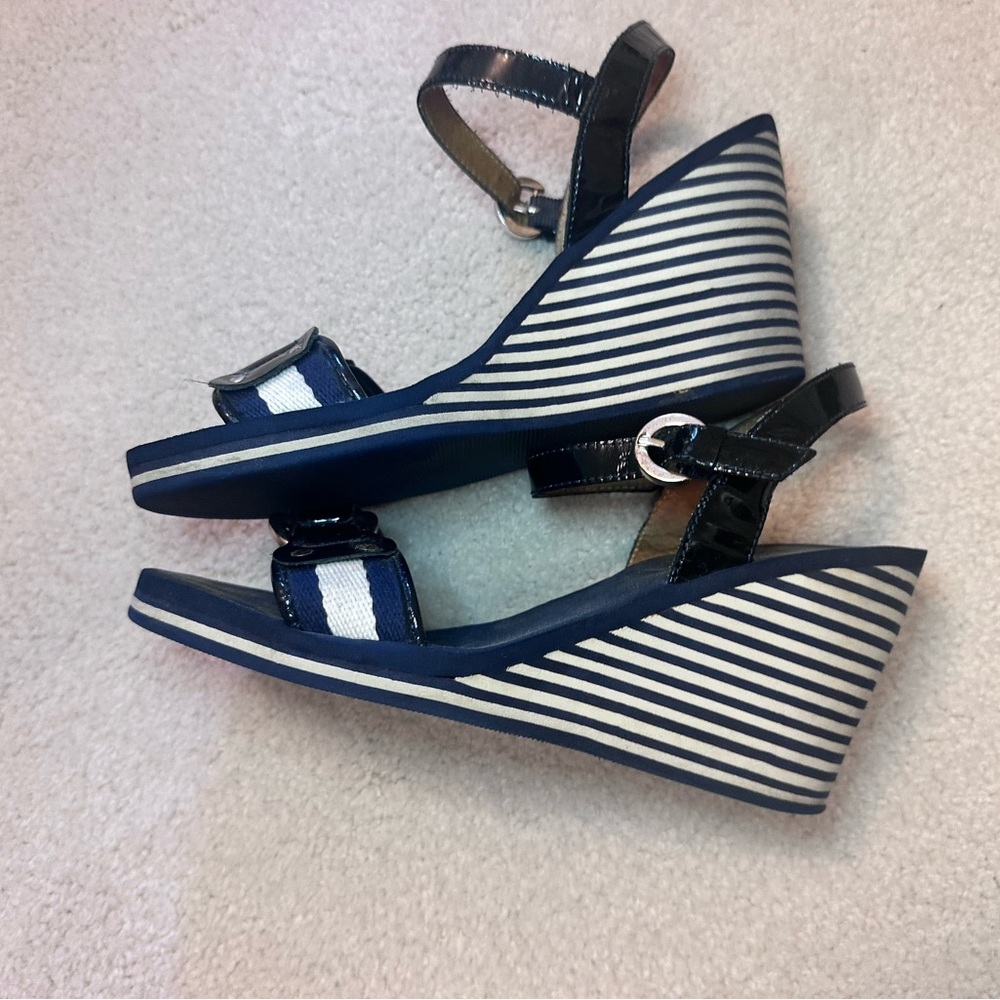 Michael Kors Navy and White Striped Wedge Sandals